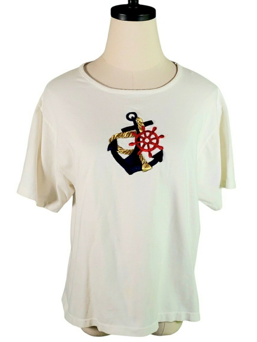 Vintage USA White Nautical Embrodiered Anchor Rope Wheele Short Sleeve Tee OS